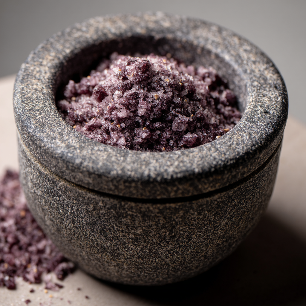 Grinding 9x purple bamboo salt (Jukyeom) in a stone mortar and pestle to release its potent, alkaline minerals for a wellness or culinary preparation."