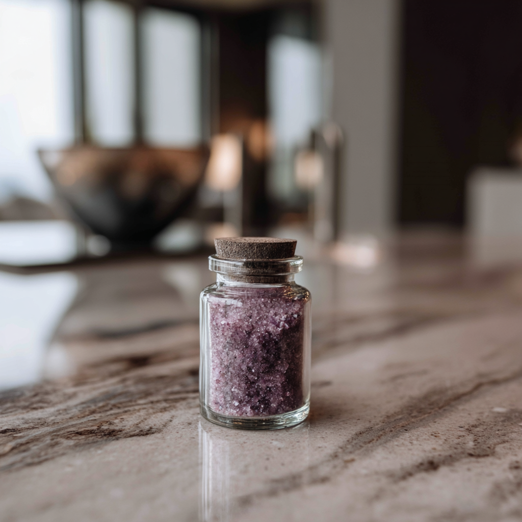 "Close-up of mineral-rich purple bamboo salt in a premium glass jar, highlighting its crystalline structure and natural alkaline properties."