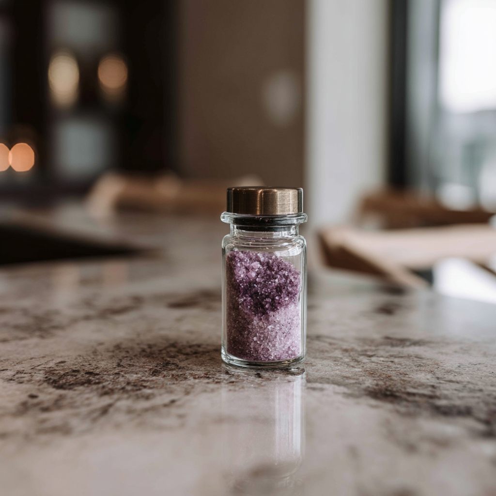 "Close-up of mineral-rich purple bamboo salt in a premium glass jar, highlighting its crystalline structure and natural alkaline properties."